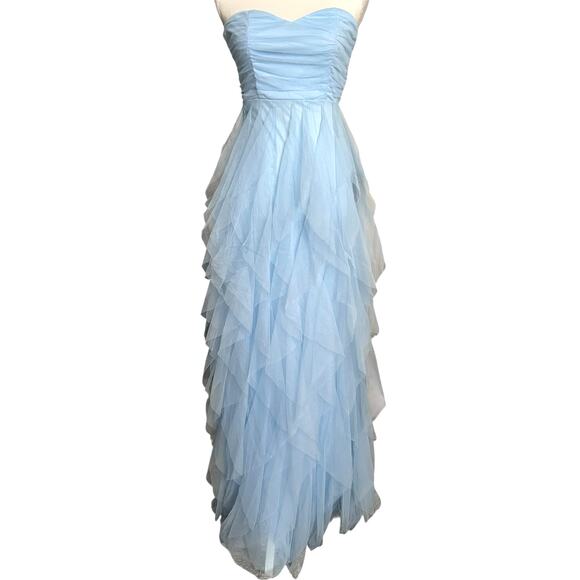 LULUS Delightful Beauty Blue Mesh Strapless Ruched Ruffled Maxi Dress-Size S - Picture 2 of 9